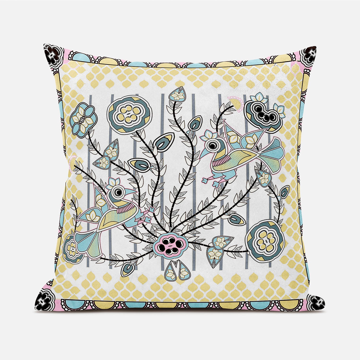 16" X 16" Yellow and White Peacock Broadcloth Floral Zippered Pillow