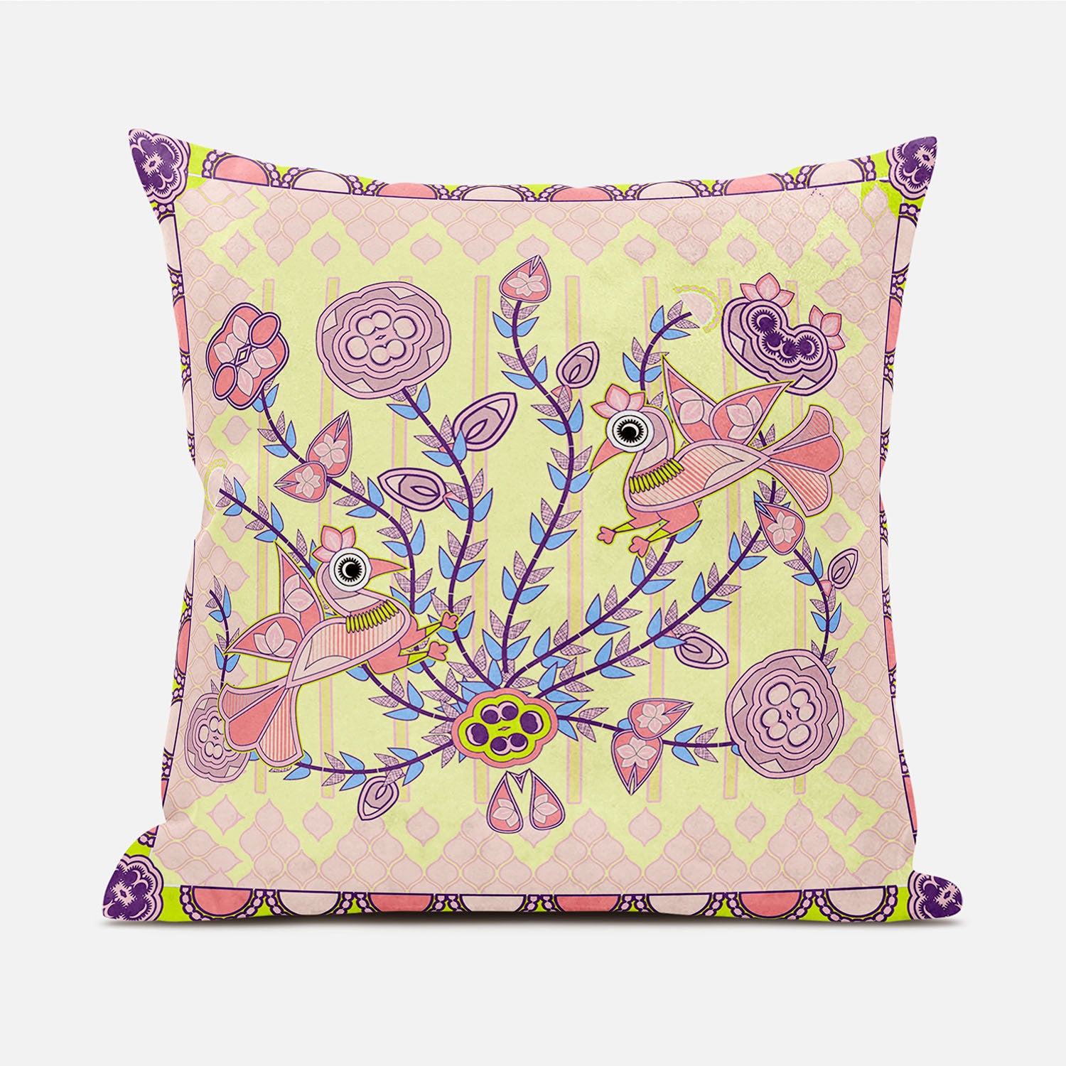 16" X 16" Yellow and Peach Peacock Broadcloth Floral Zippered Pillow