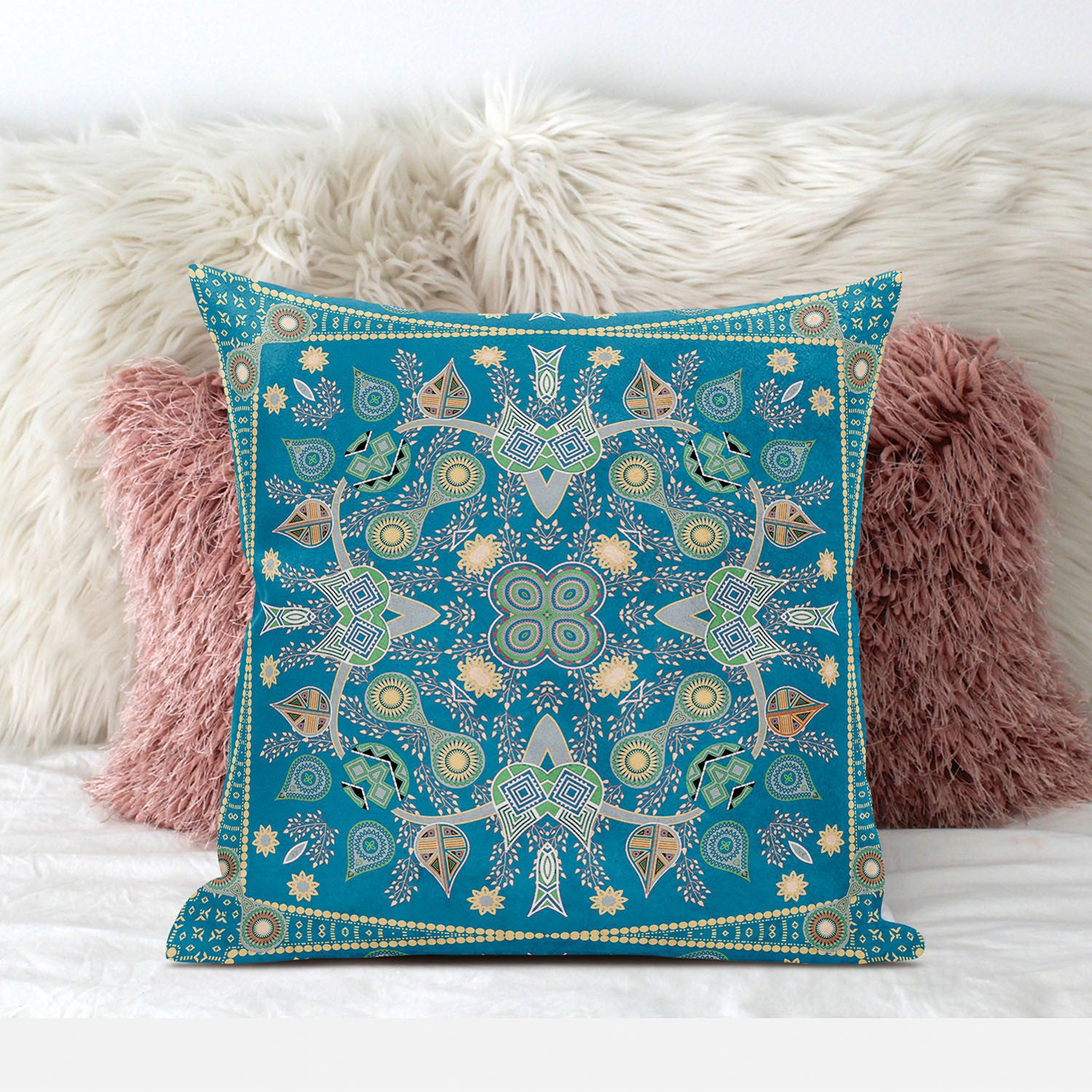 16" X 16" Aqua and Gold Broadcloth Paisley Zippered Pillow