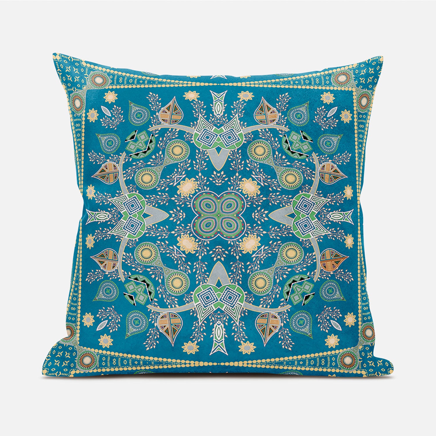 16" X 16" Aqua and Gold Broadcloth Paisley Zippered Pillow