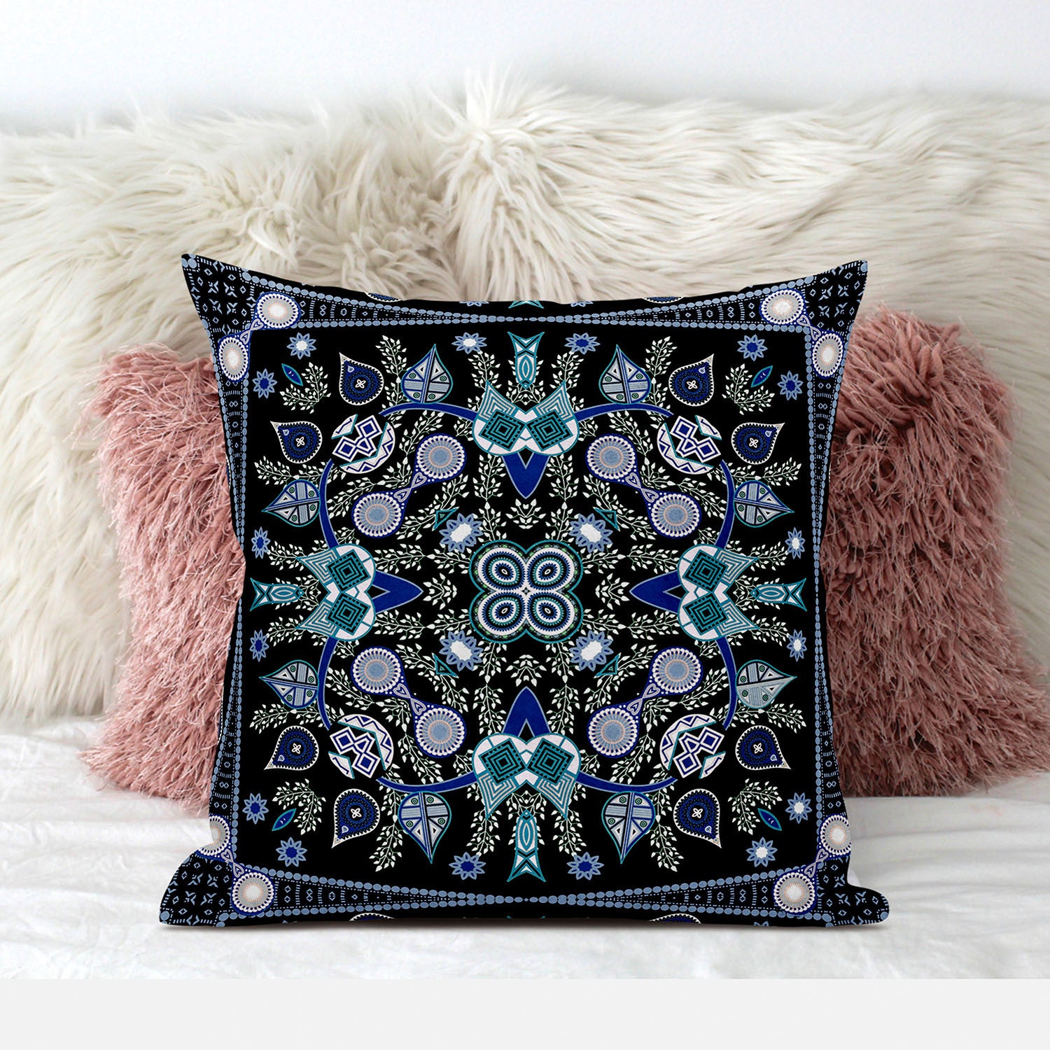 16" X 16" Black and Blue Broadcloth Paisley Zippered Pillow