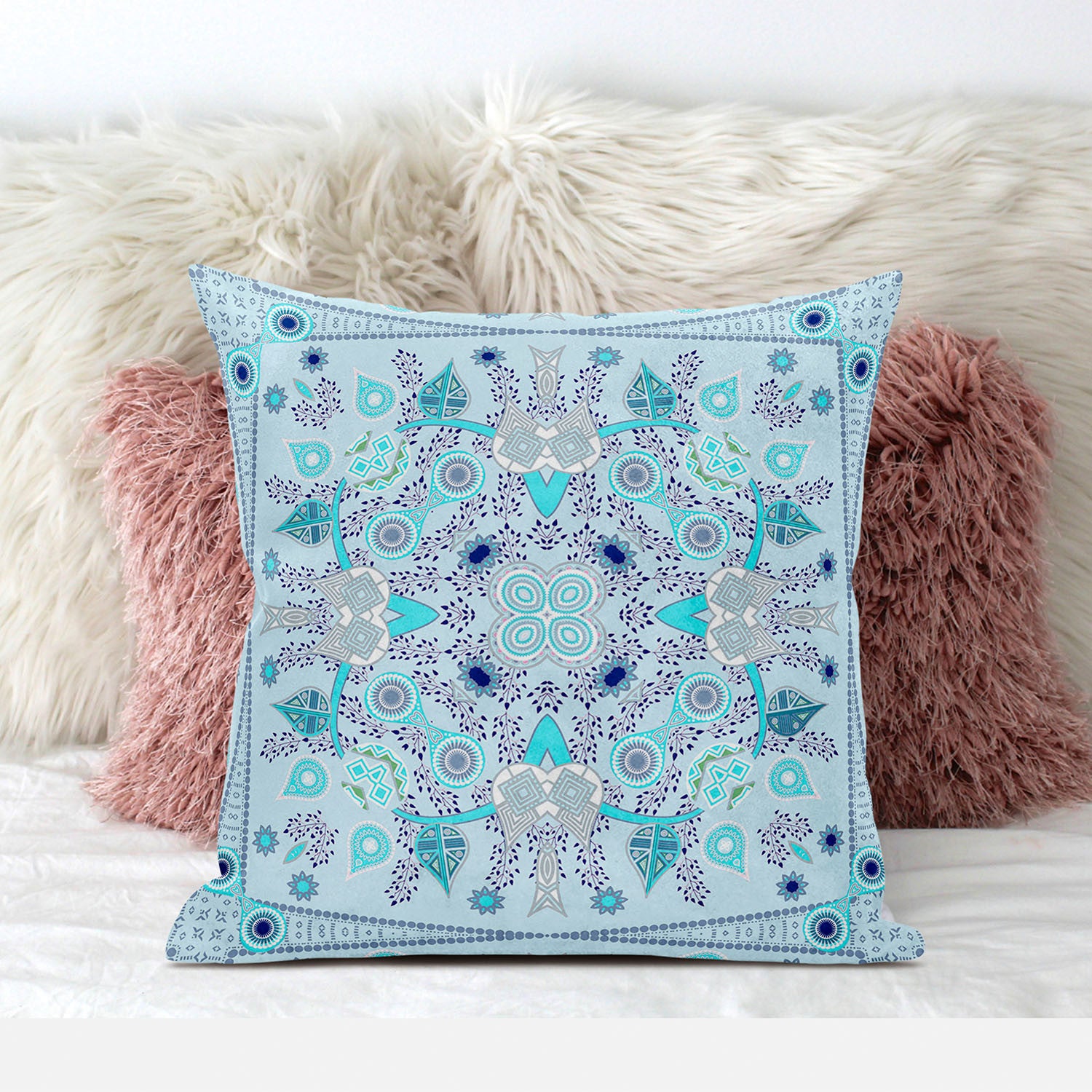 20" X 20" Blue and Gray Broadcloth Paisley Zippered Pillow