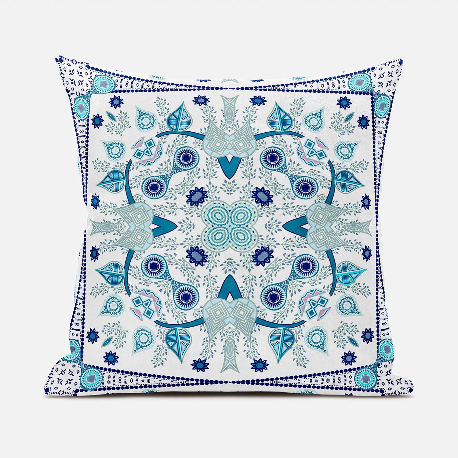 16" X 16" Blue and White Broadcloth Paisley Zippered Pillow