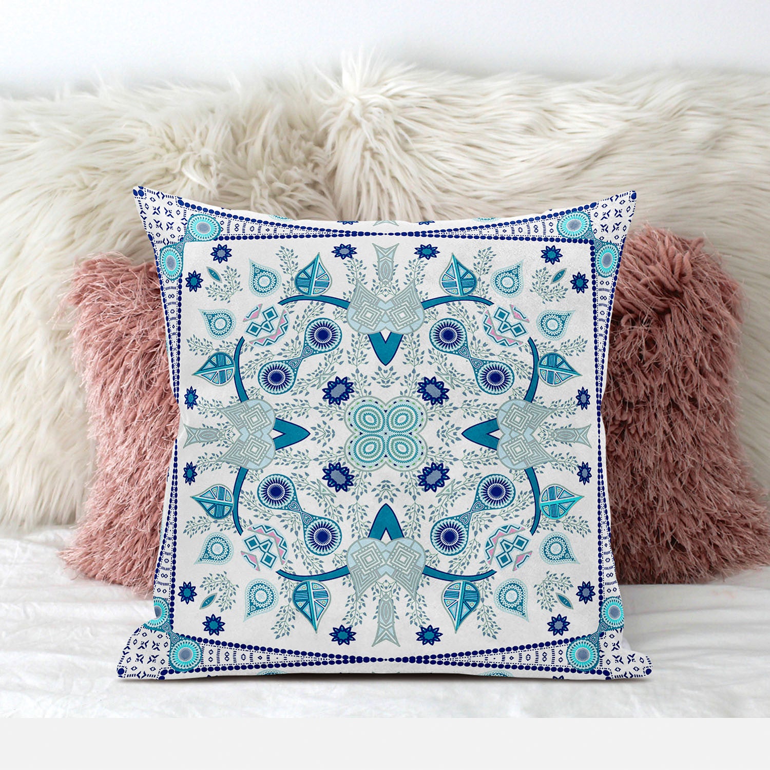 20" X 20" Blue and White Broadcloth Paisley Zippered Pillow