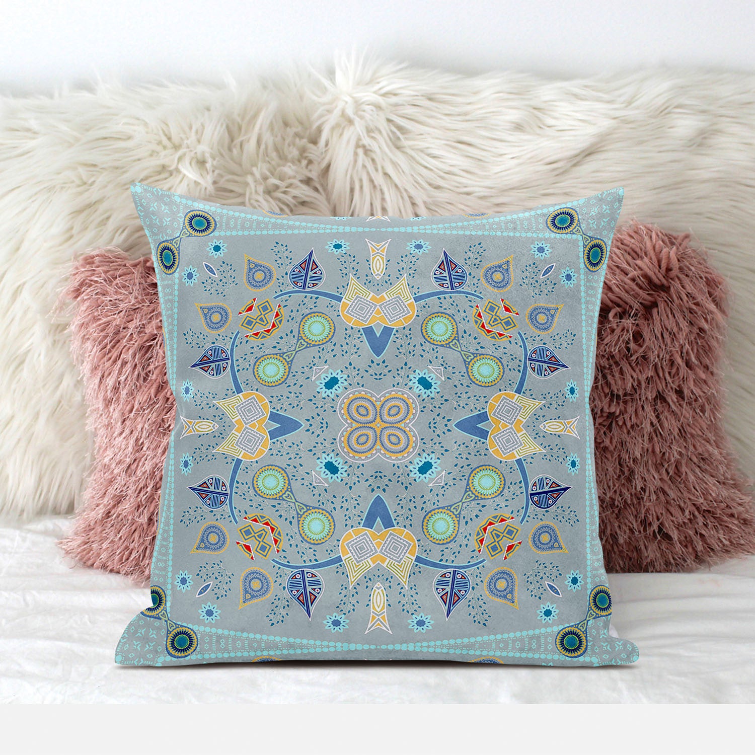 16" X 16" Blue and Gray Broadcloth Paisley Zippered Pillow