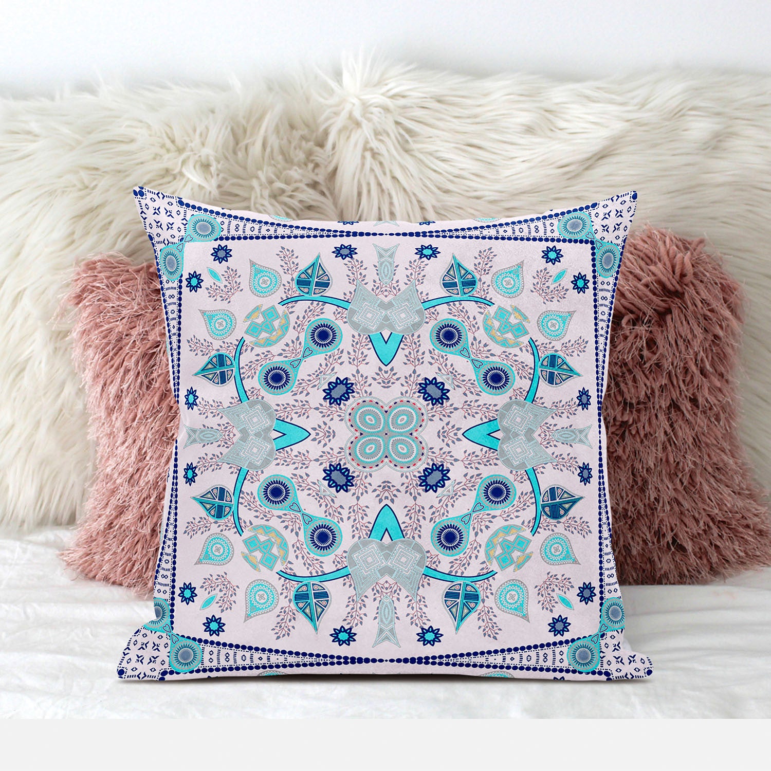 16" X 16" Blue and Pink Broadcloth Paisley Zippered Pillow