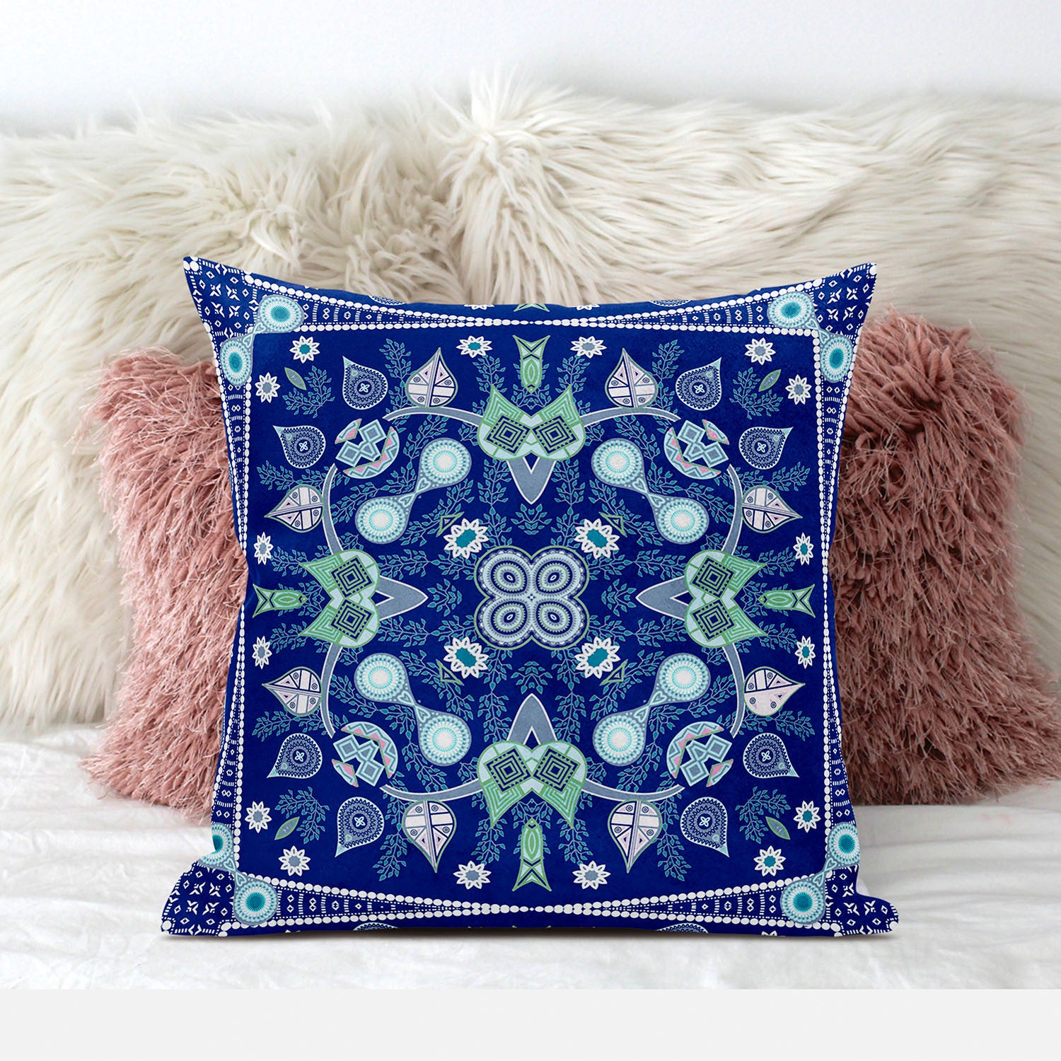 16" X 16" Blue and Green Broadcloth Paisley Zippered Pillow