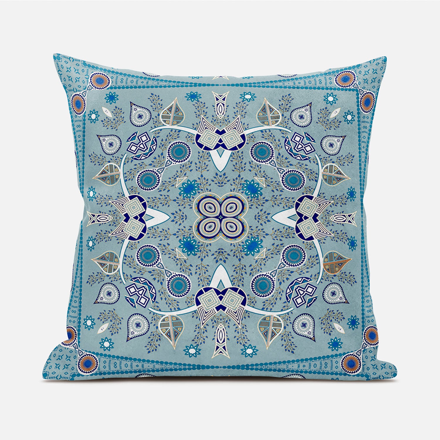 16" X 16" Blue and Beige Broadcloth Paisley Zippered Pillow