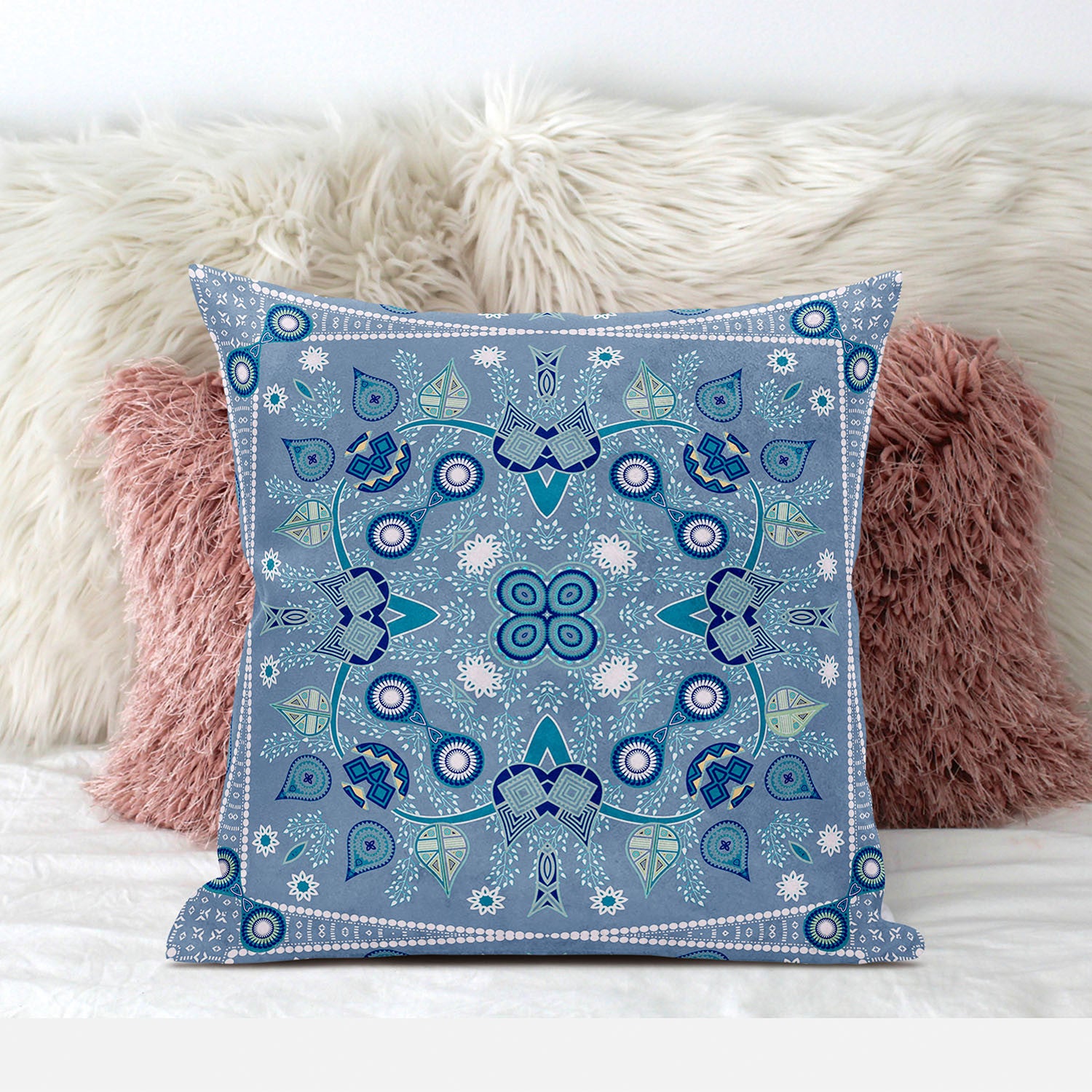 16" X 16" Blue and White Broadcloth Paisley Zippered Pillow