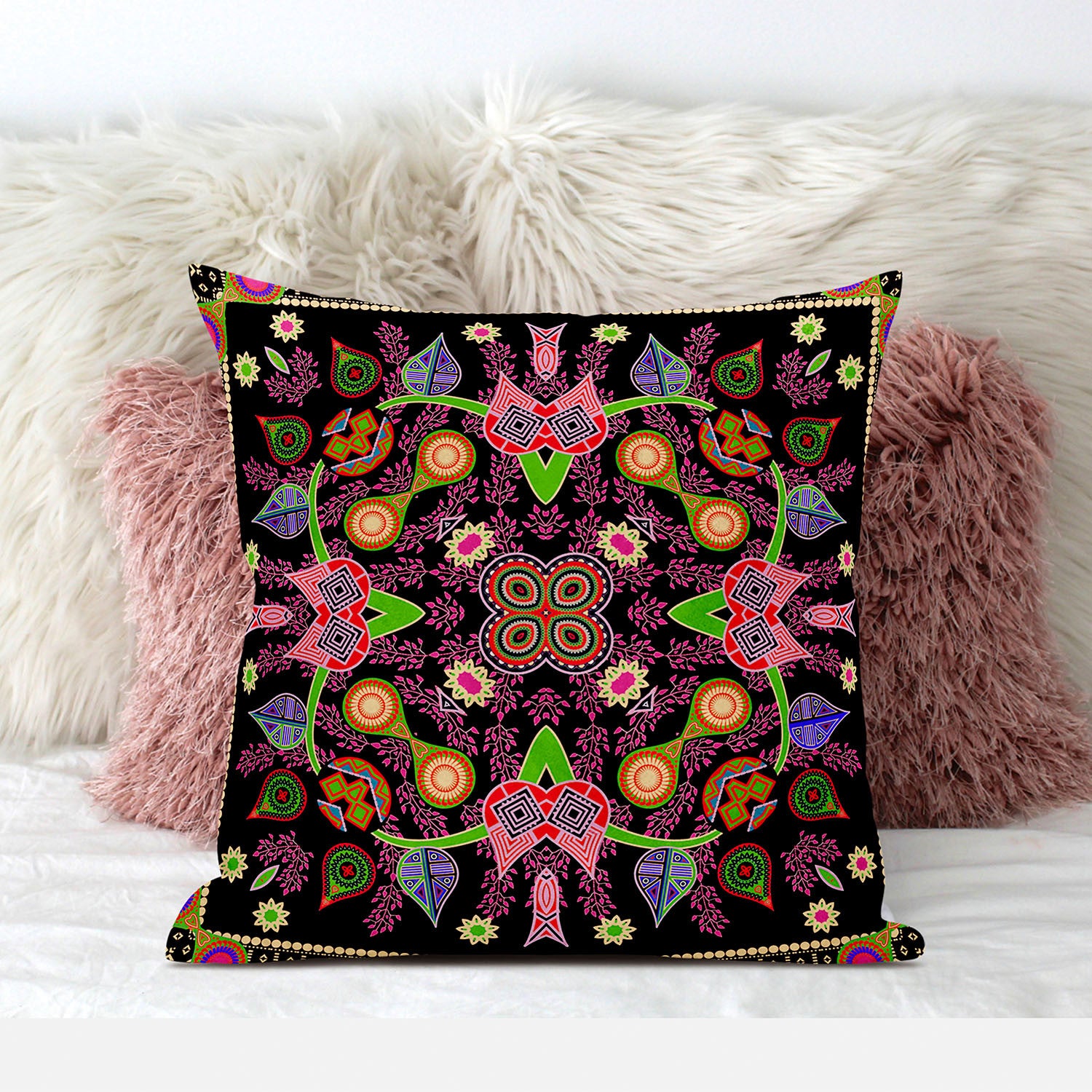 16" X 16" Black and Pink Broadcloth Paisley Zippered Pillow