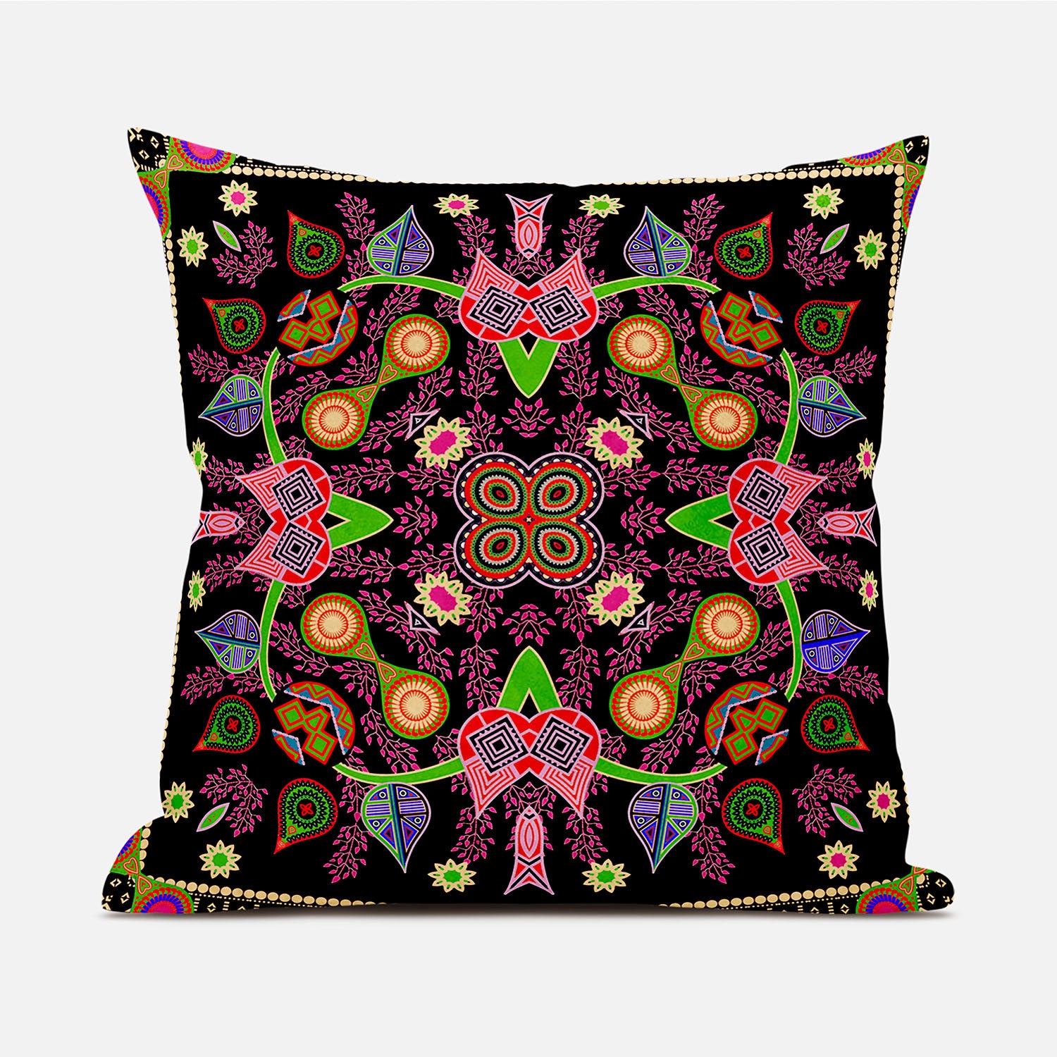 16" X 16" Black and Pink Broadcloth Paisley Zippered Pillow