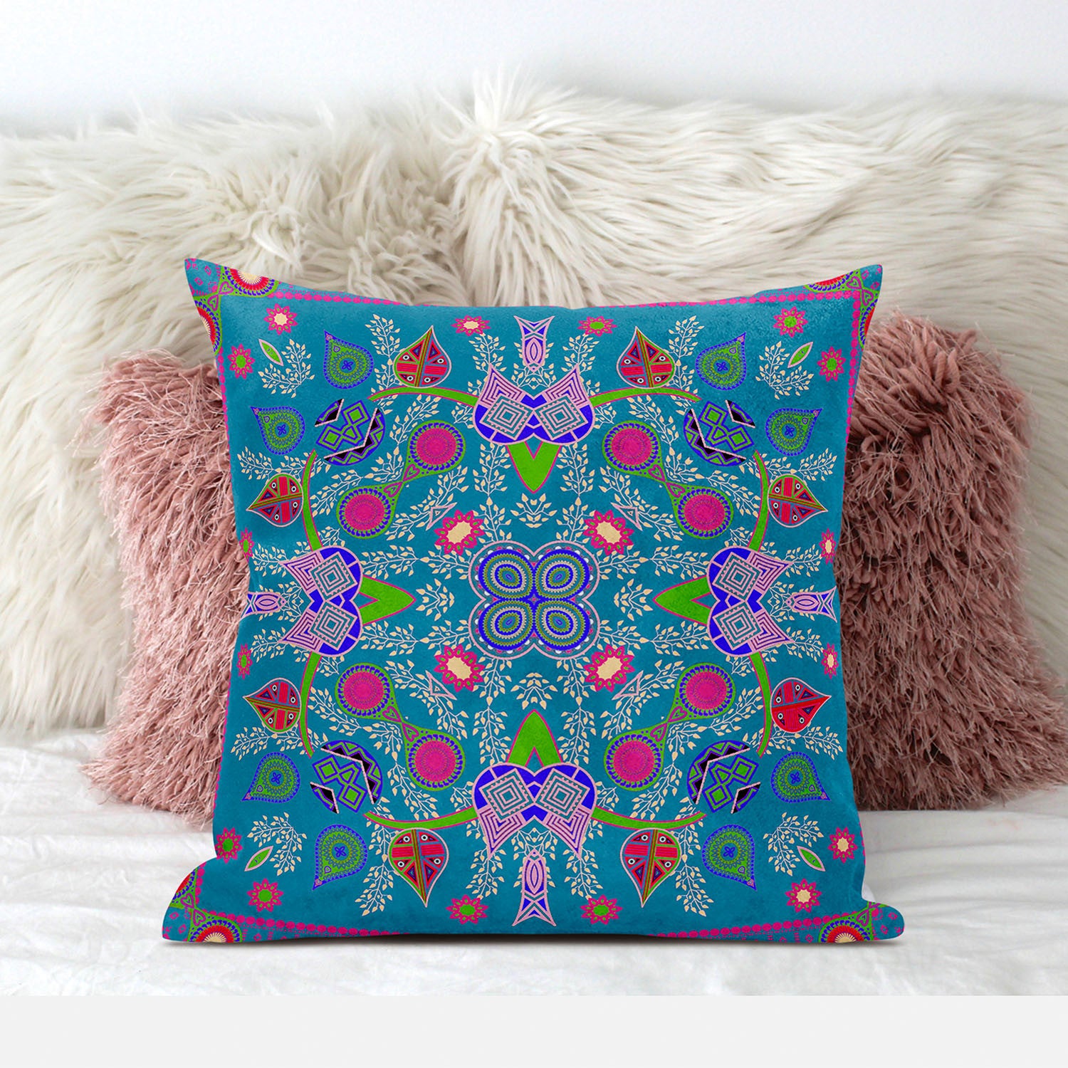 16" X 16" Blue and Pink Broadcloth Paisley Zippered Pillow