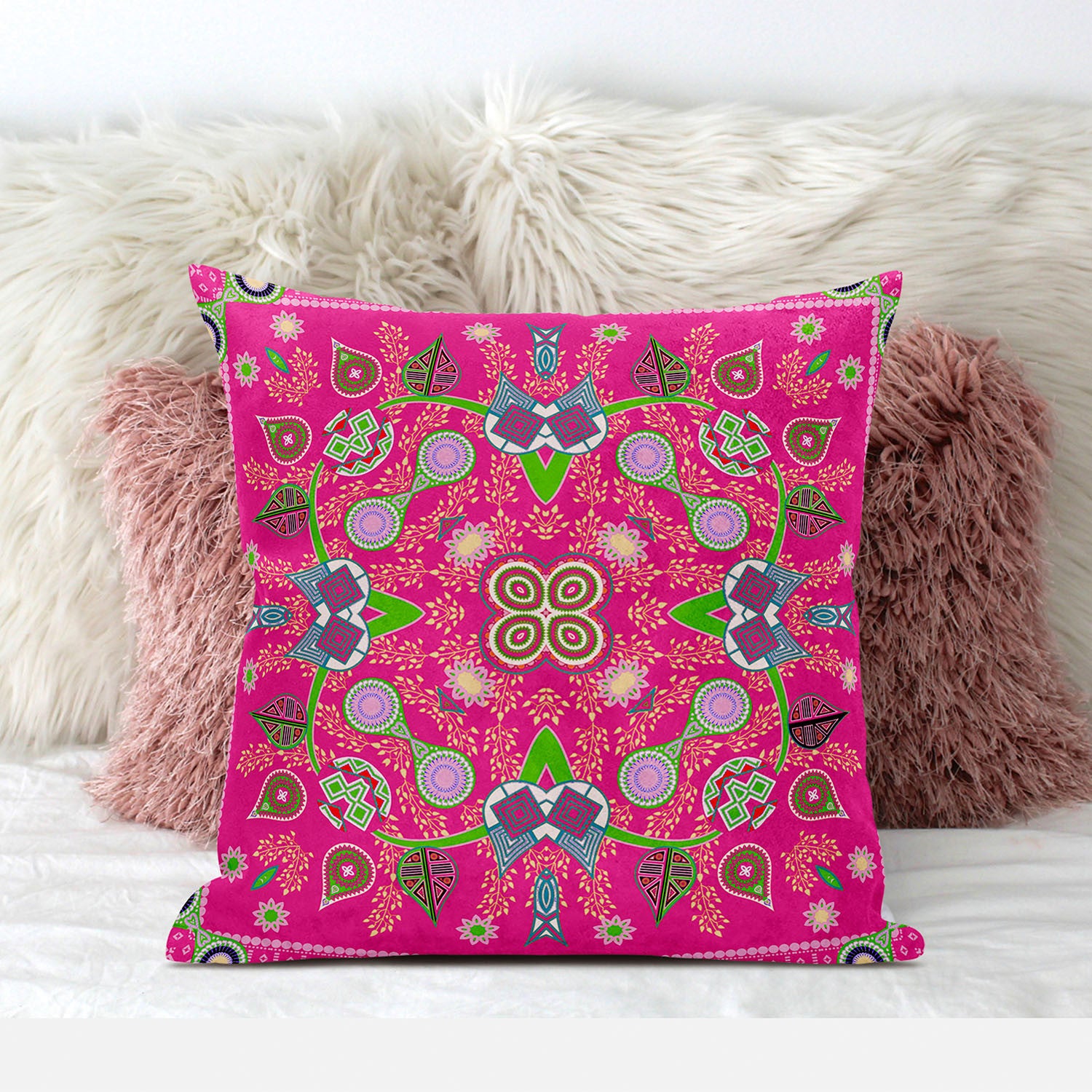 16" X 16" Pink and Green Broadcloth Paisley Zippered Pillow