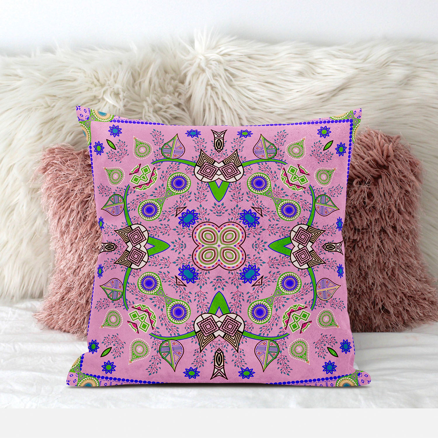 16" X 16" Blue and Pink Broadcloth Paisley Zippered Pillow