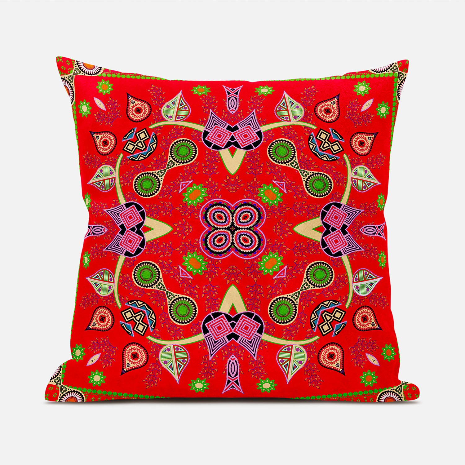 16" X 16" Green and Red Broadcloth Paisley Zippered Pillow