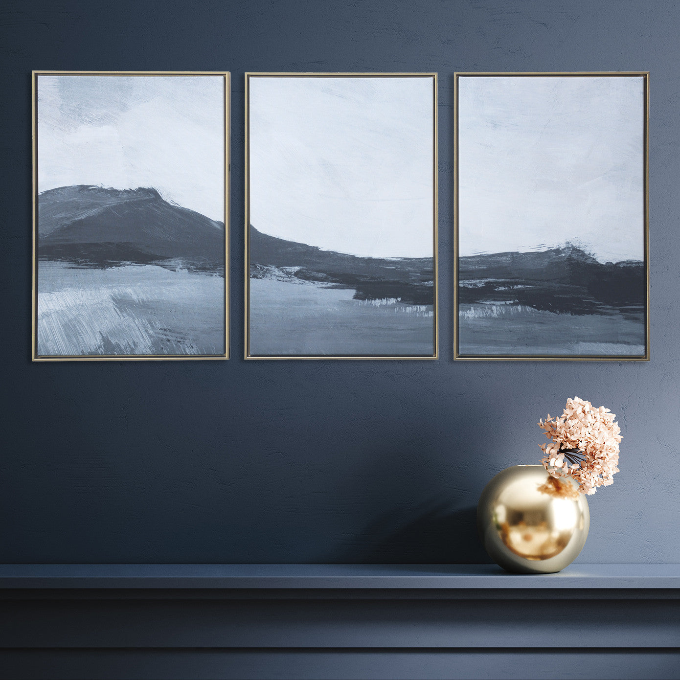 Set of Three Abstract Mountains Gold Floater Frame Painting Wall Art