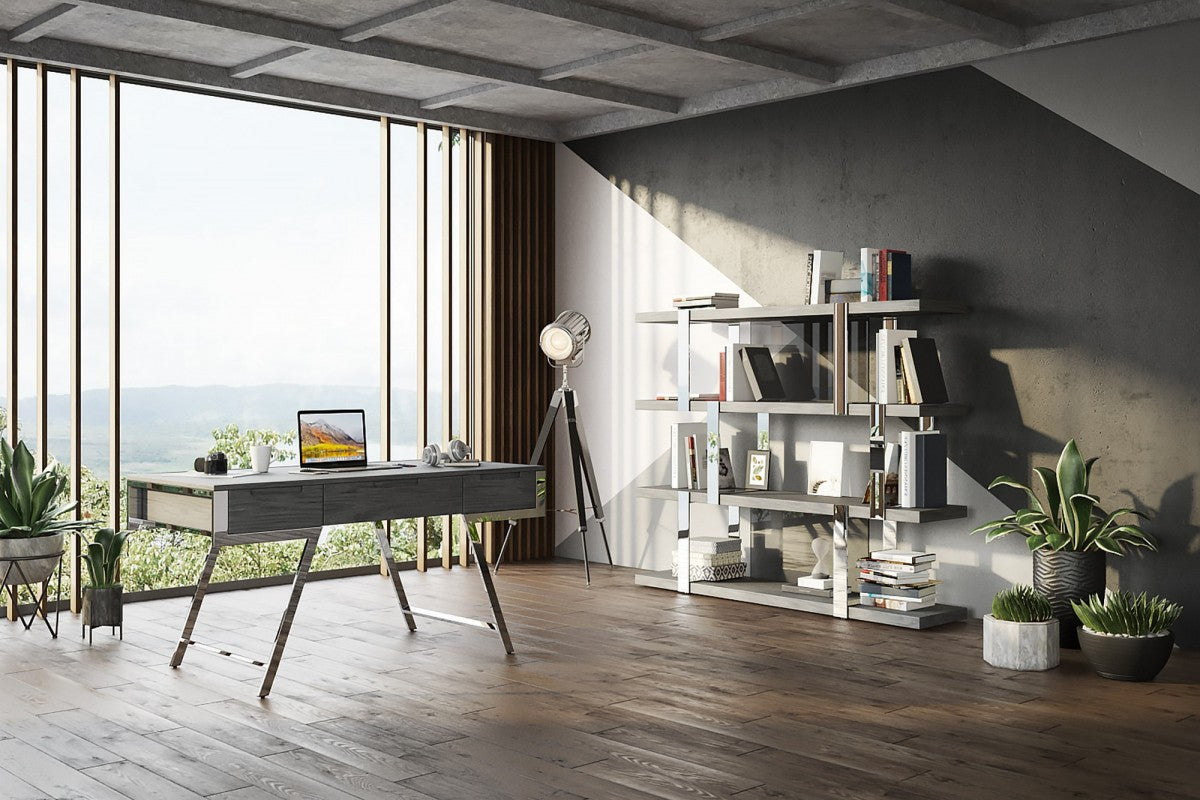 63" Gray and Chrome Rectangular Writing Desk With Three Drawers