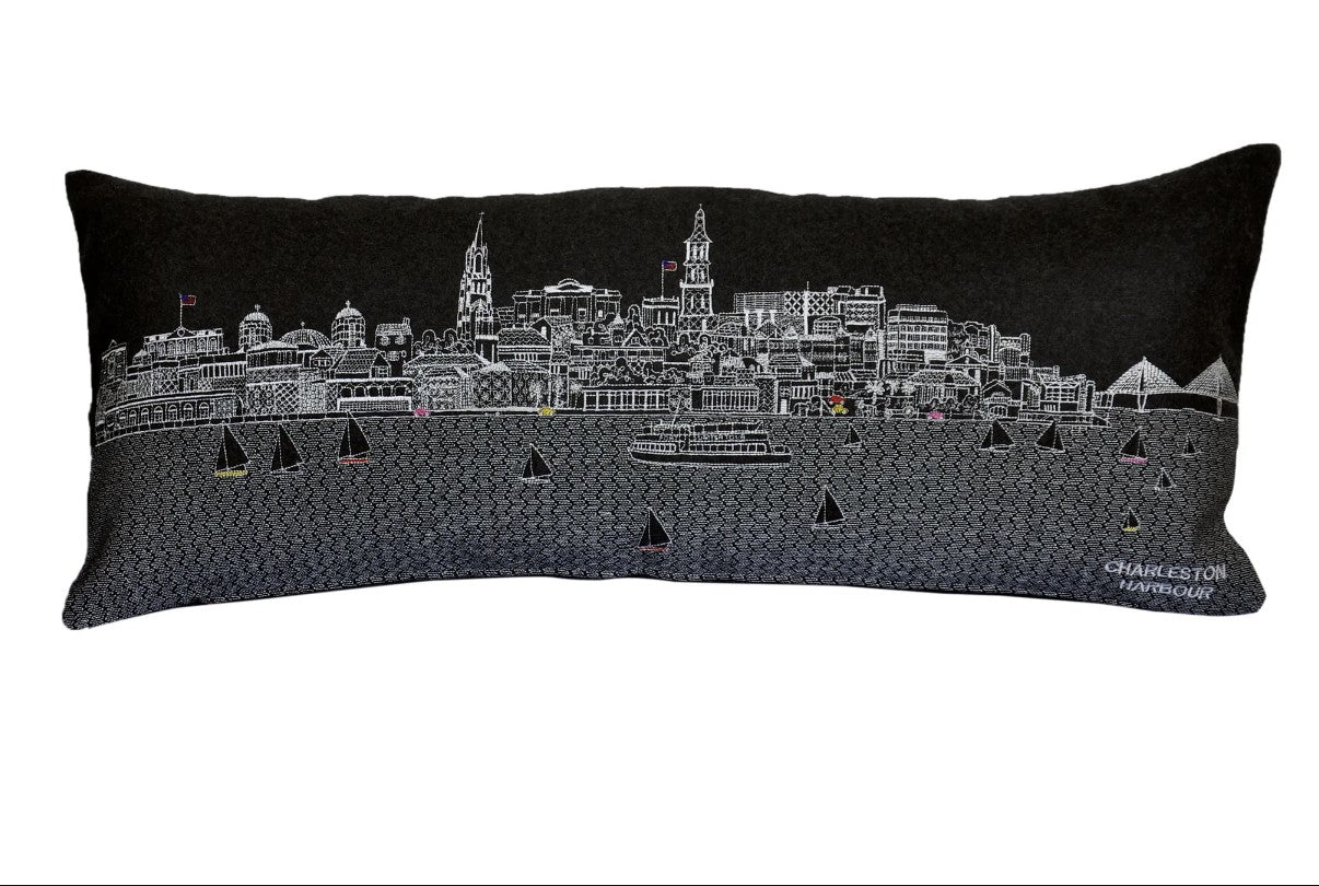 24" Black Charleston Nighttime Skyline Lumbar Decorative Pillow