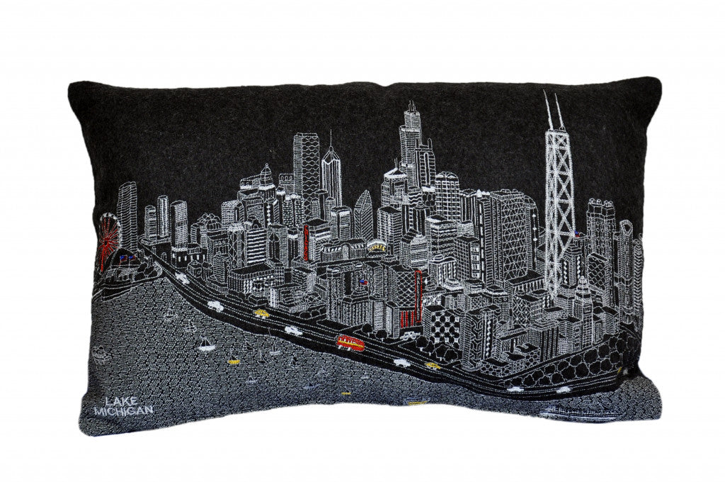 24" Black Chicago Nighttime Skyline Lumbar Decorative Pillow