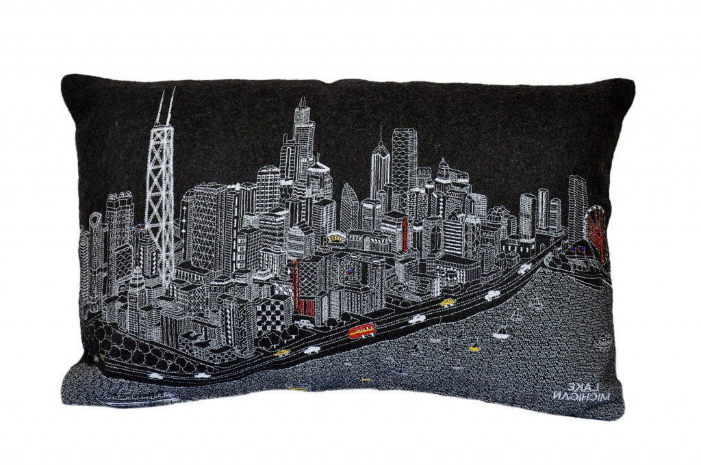 24" Black Chicago Nighttime Skyline Lumbar Decorative Pillow