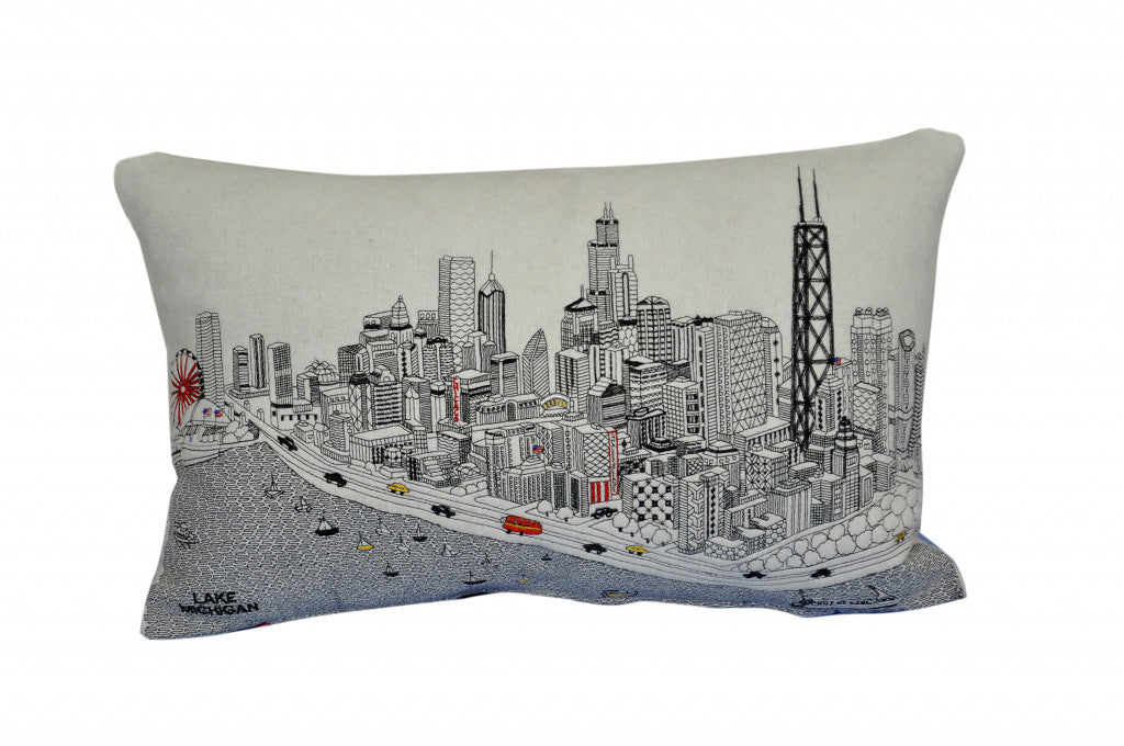 24" White Chicago Daylight Skyline Lumbar Decorative Pillow