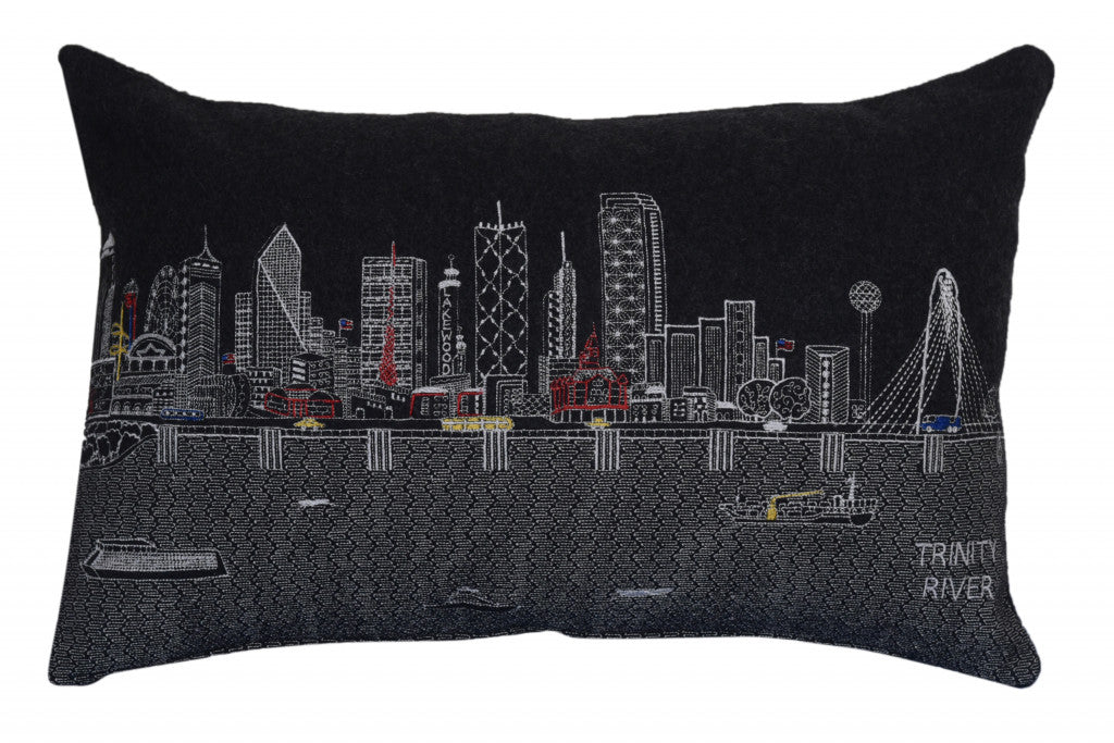 24" Black Dallas Nighttime Skyline Lumbar Decorative Pillow