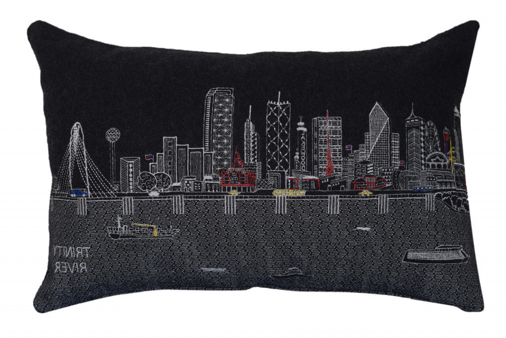 24" Black Dallas Nighttime Skyline Lumbar Decorative Pillow