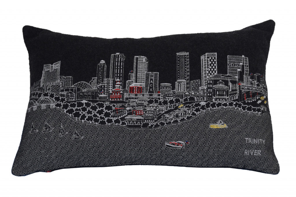 24" Black Fort Worth Nighttime Skyline Lumbar Decorative Pillow