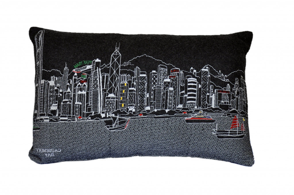 24" Black Hong Kong Nighttime Skyline Lumbar Decorative Pillow