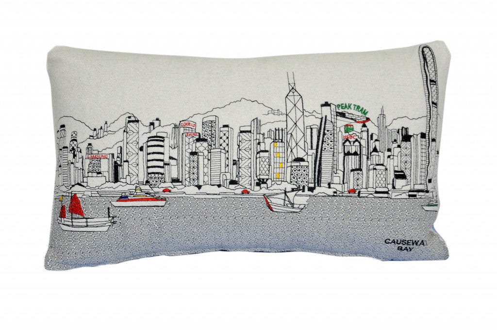 24" White Hong Kong Daylight Skyline Lumbar Decorative Pillow