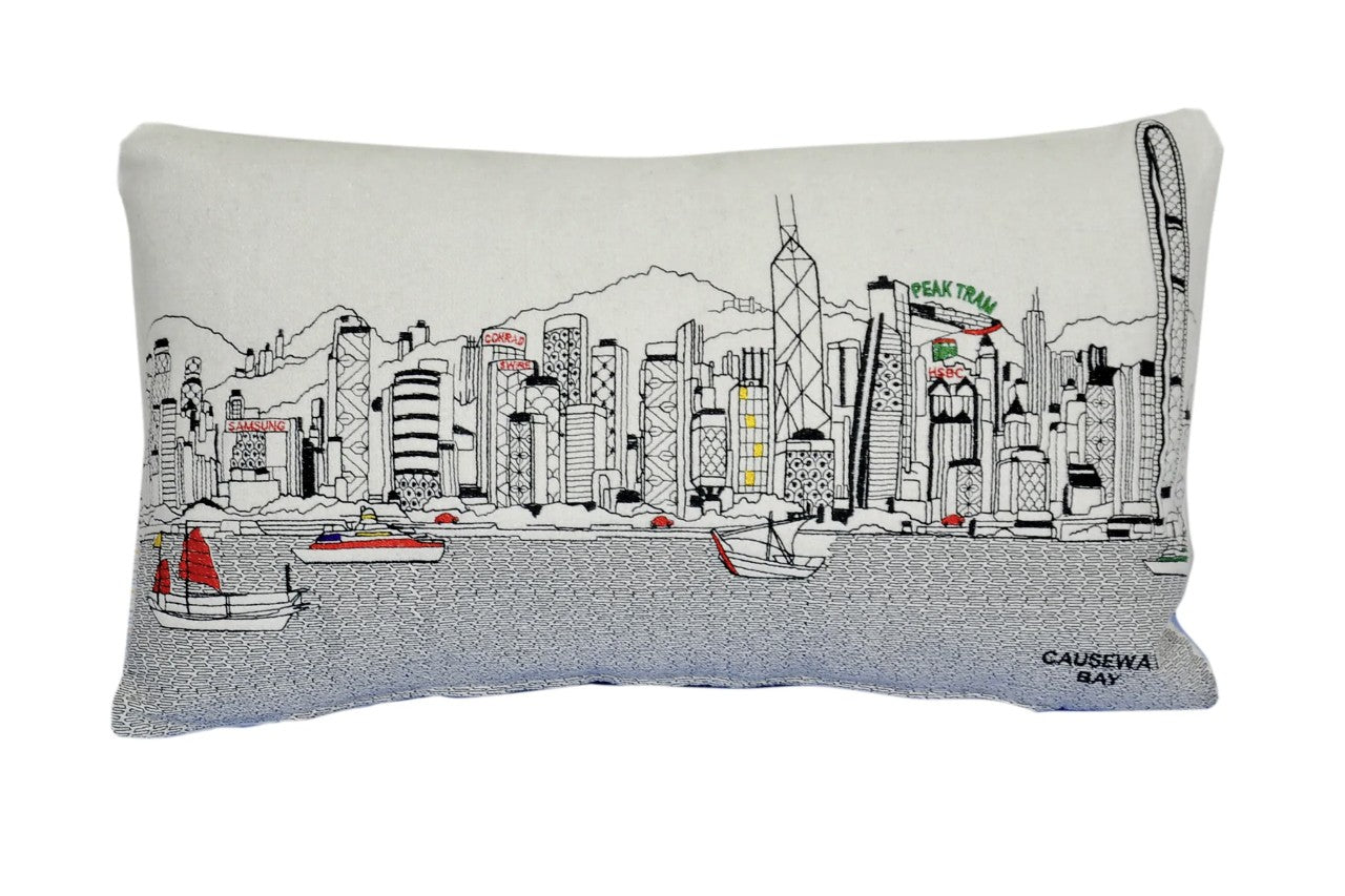 24" White Hong Kong Daylight Skyline Lumbar Decorative Pillow