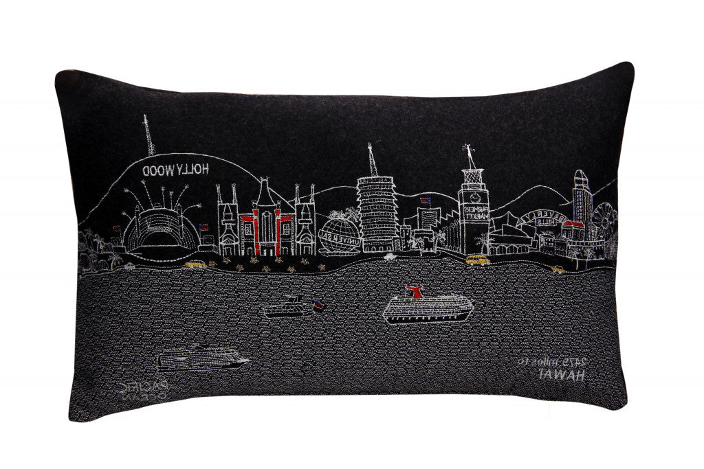 24" Black Los Angeles Nighttime Skyline Lumbar Decorative Pillow