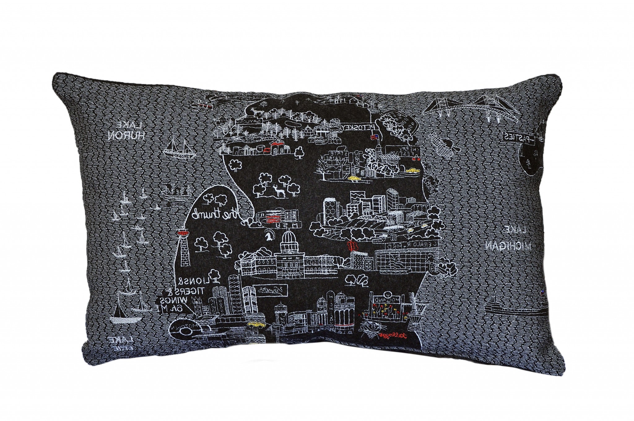 24" Black Michigan Lower Peninsula Nighttime Skyline Lumbar Decorative Pillow