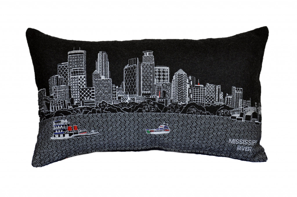 24" Black Minneapolis Nighttime Skyline Lumbar Decorative Pillow