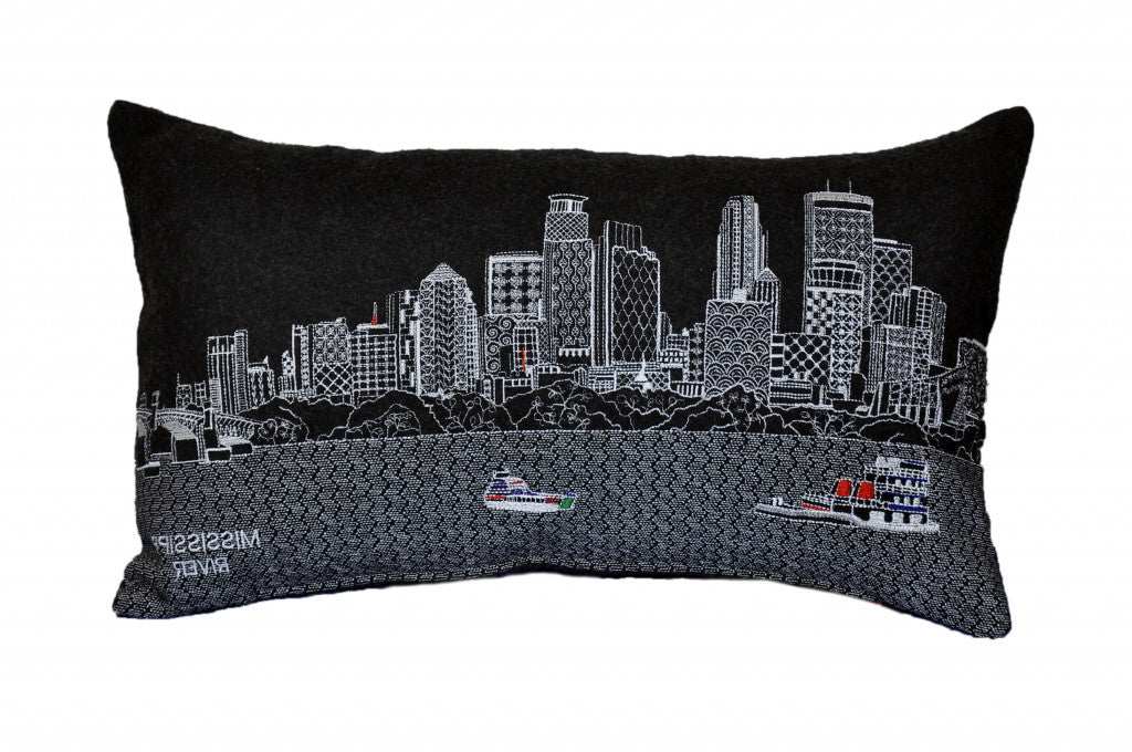 24" Black Minneapolis Nighttime Skyline Lumbar Decorative Pillow