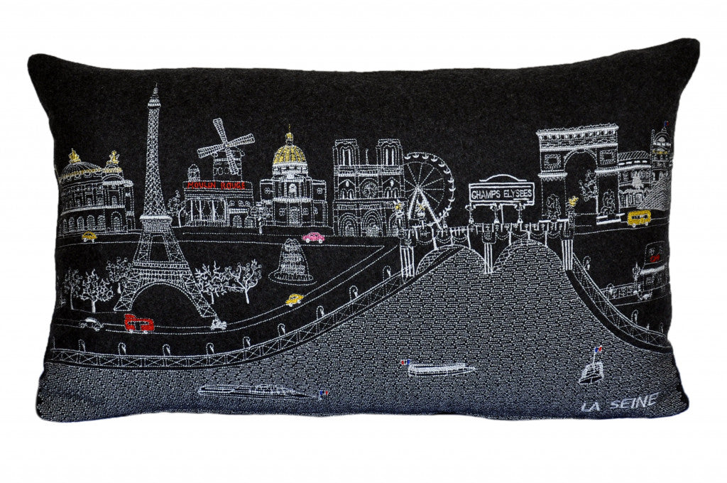 24" Black and White Paris Nighttime Skyline Standard Lumbar Decorative Pillow