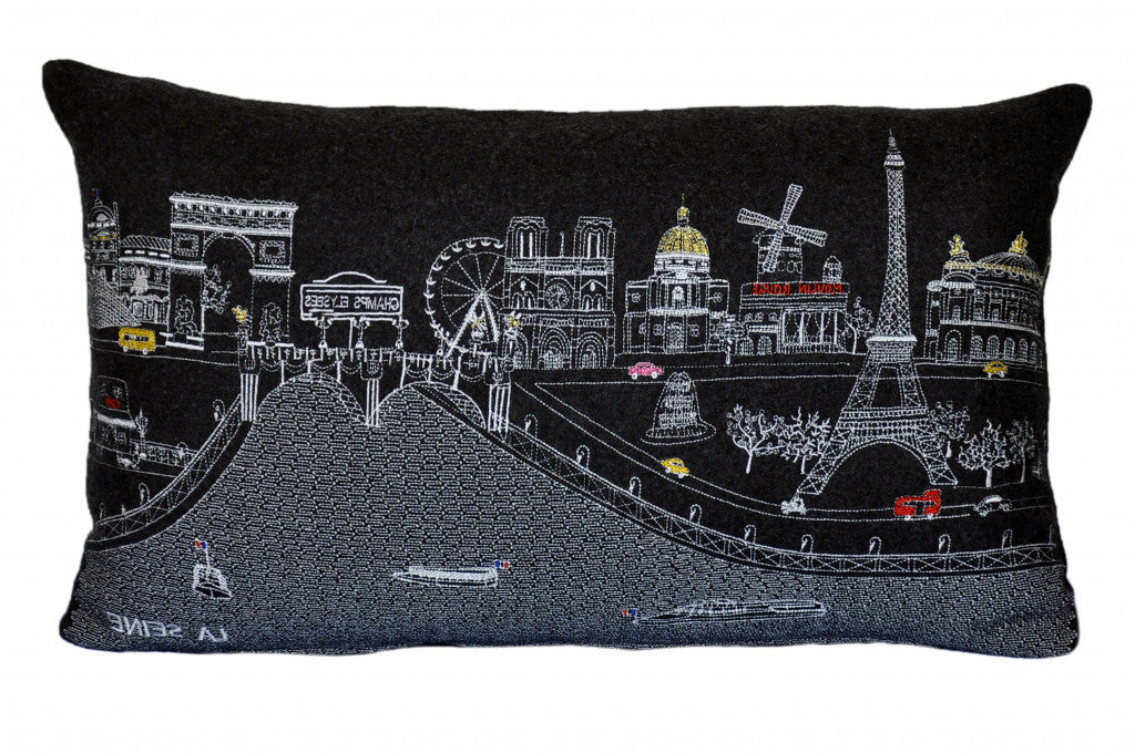 24" Black and White Paris Nighttime Skyline Standard Lumbar Decorative Pillow