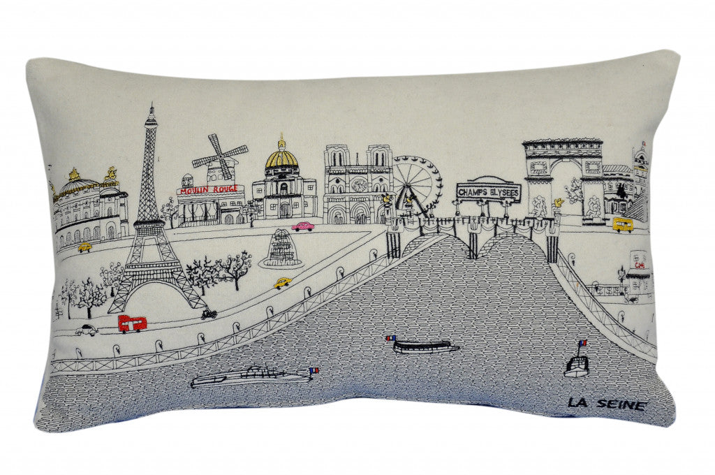 24" White Paris Daylight Skyline Lumbar Decorative Pillow