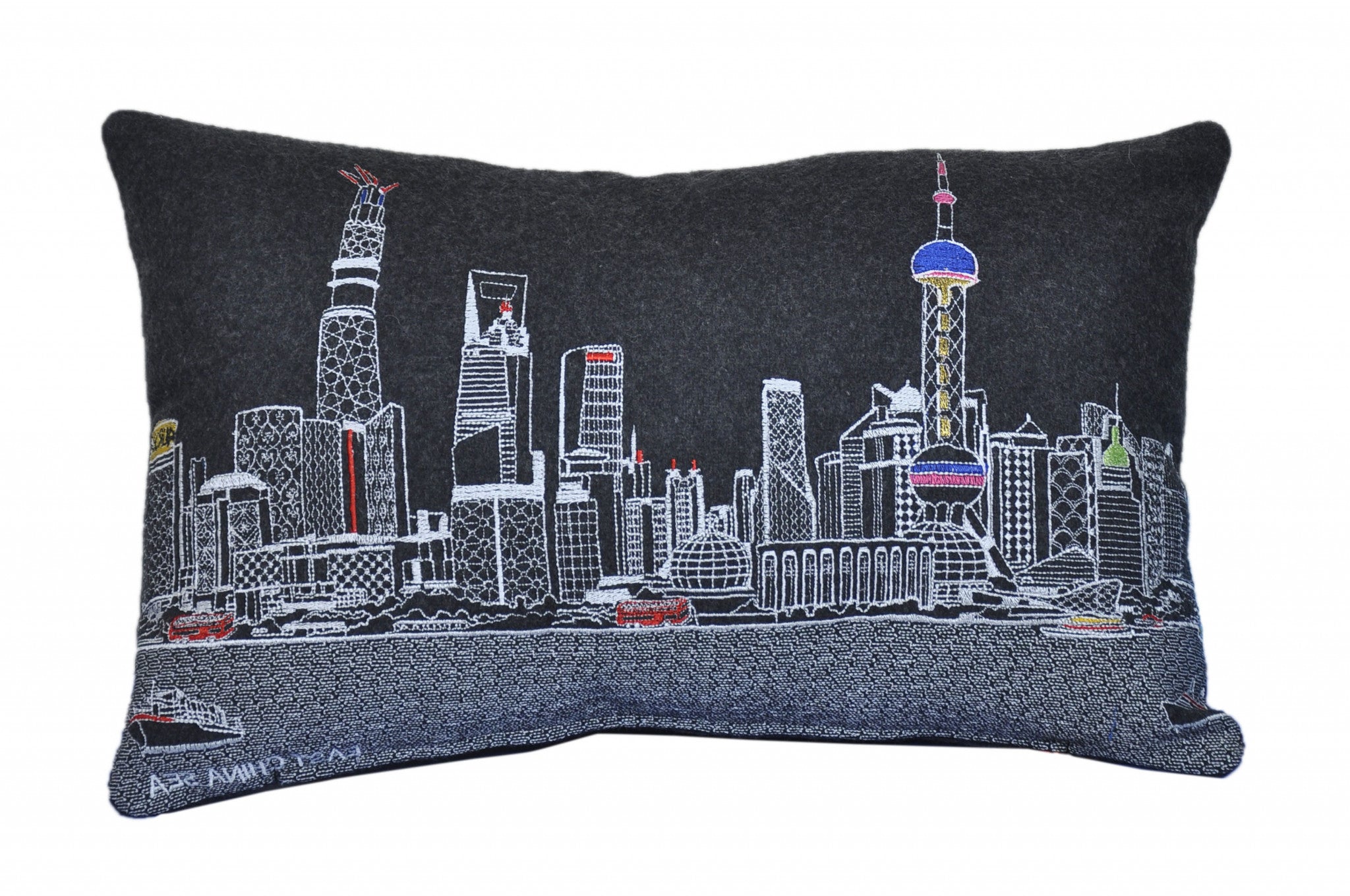 24" Black Shanghai  Nighttime Skyline Lumbar Decorative Pillow