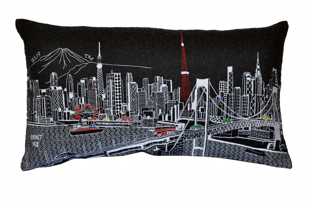 24" Black Tokyo Nighttime Skyline Lumbar Decorative Pillow