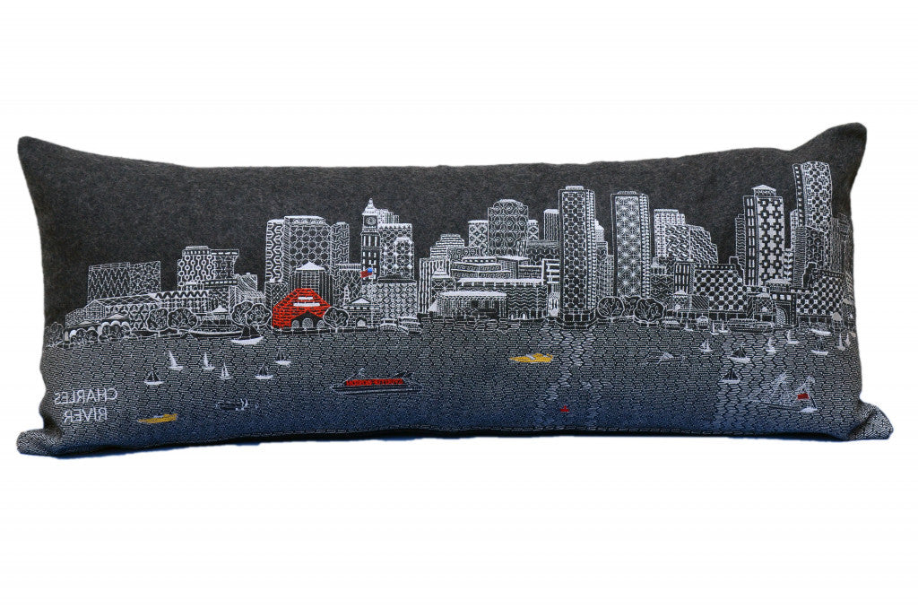 35" Black Boston Nighttime Skyline Lumbar Decorative Pillow