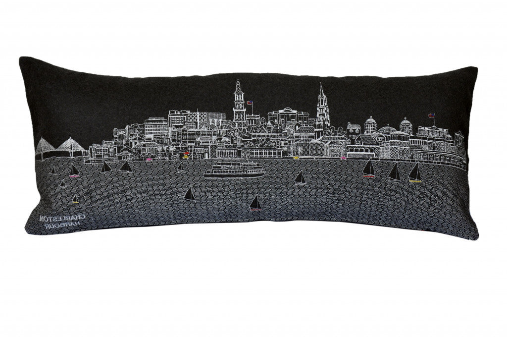 35" Black Charleston Nighttime Skyline Lumbar Decorative Pillow