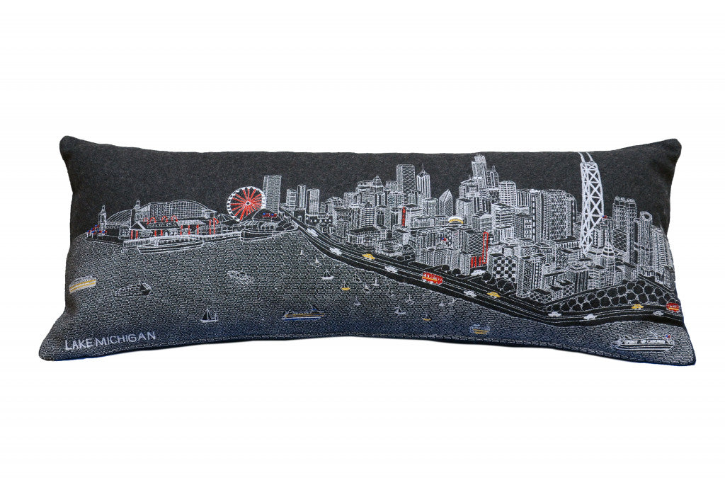 35" Black Chicago Nighttime Skyline Lumbar Decorative Pillow