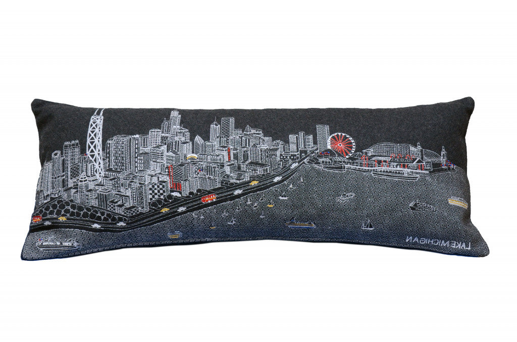 35" Black Chicago Nighttime Skyline Lumbar Decorative Pillow