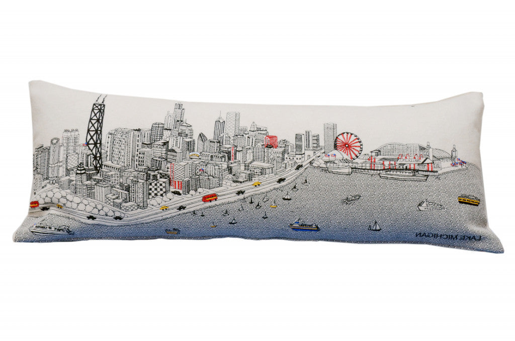 35" White Chicago Daylight Skyline Lumbar Decorative Pillow