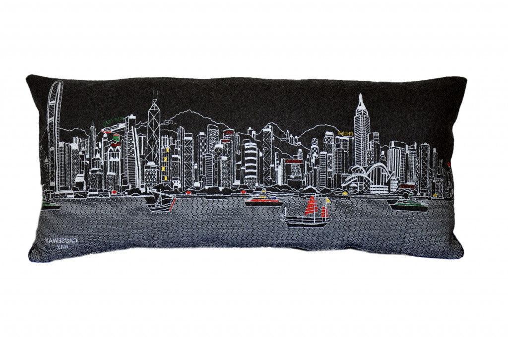 35" Black Hong Kong Nighttime Skyline Lumbar Decorative Pillow