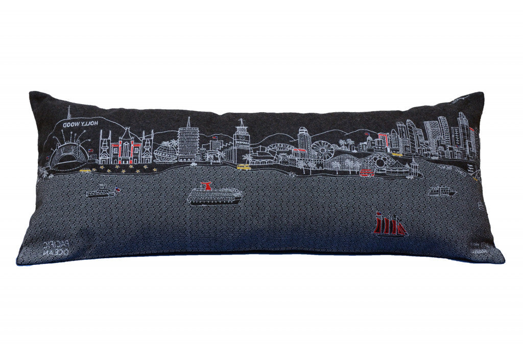 35" Black Los Angeles Nighttime Skyline Lumbar Decorative Pillow