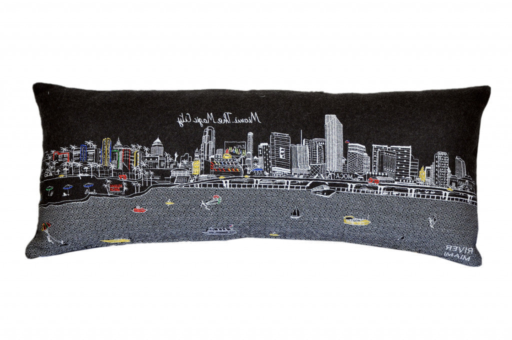 35" Black Miami Nighttime Skyline Lumbar Decorative Pillow