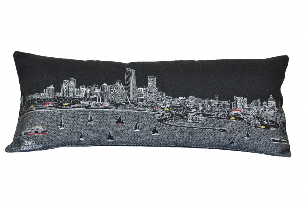 35" Black Milwaukee Nighttime Skyline Lumbar Decorative Pillow