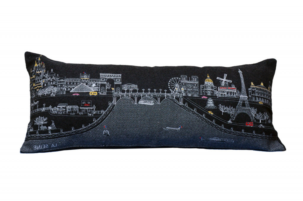 35" Black and White Paris Nighttime Skyline Standard Lumbar Decorative Pillow